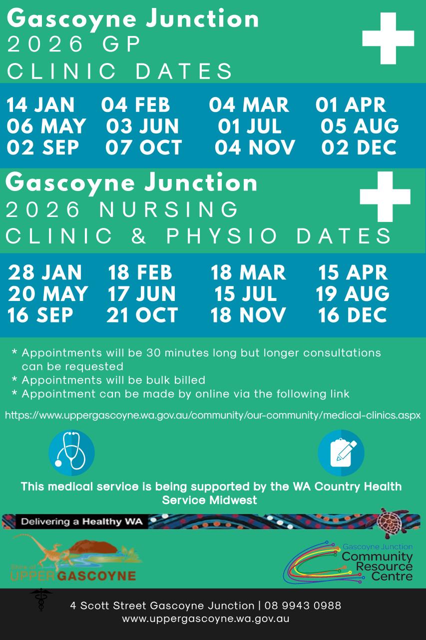 Dates for 2026 Medical Clinics Gascoyne Junction Shire of Upper Gascoyne