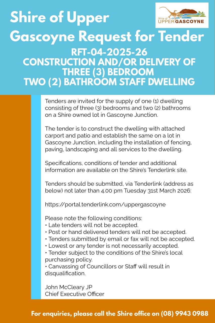 Tender Shire of Upper Gascoyne Housing Construction