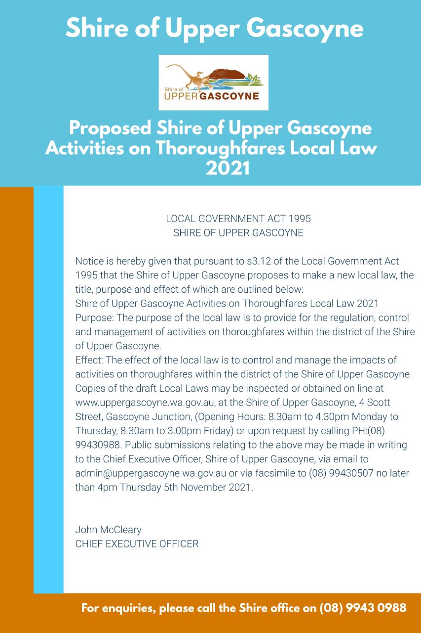 Proposed Shire of Upper Gascoyne Activities on Thoroughfares Local Law 2021