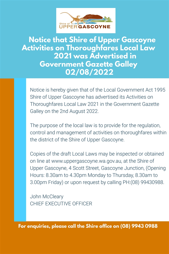 Notice of Public Advertisement Shire of Upper Gascoyne – Activities on